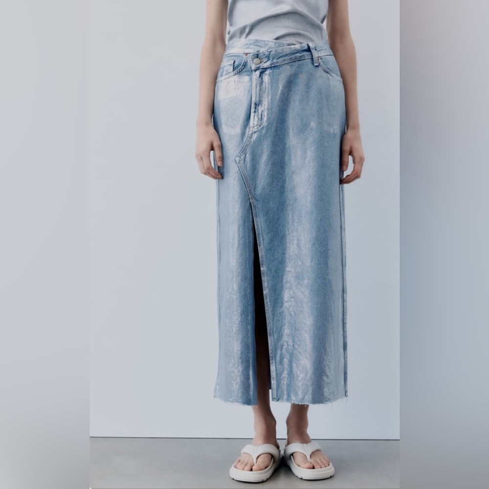 Zara Light Blue Denim Midi Skirt